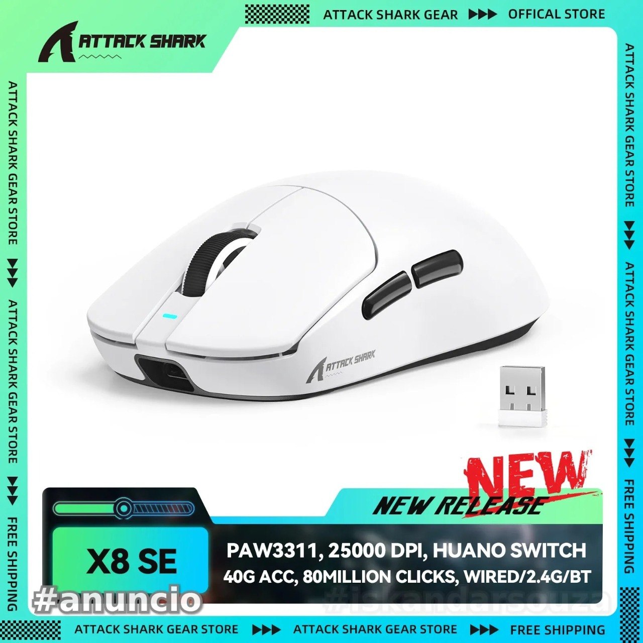 Attack Shark x8SE Mouse Sem Fio 25000 Dpi Bluetooth Usb PAW3311 3311 se x 3 49g x8 SE shape grande