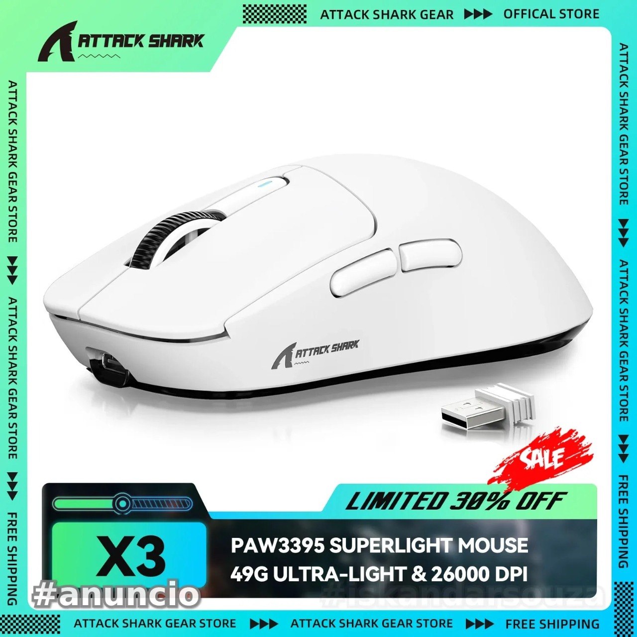 Attack Shark x3 Mouse Sem Fio 26000 DPI Bluetooth Usb PAW3395 3395 se x 3 49g x 3 26k