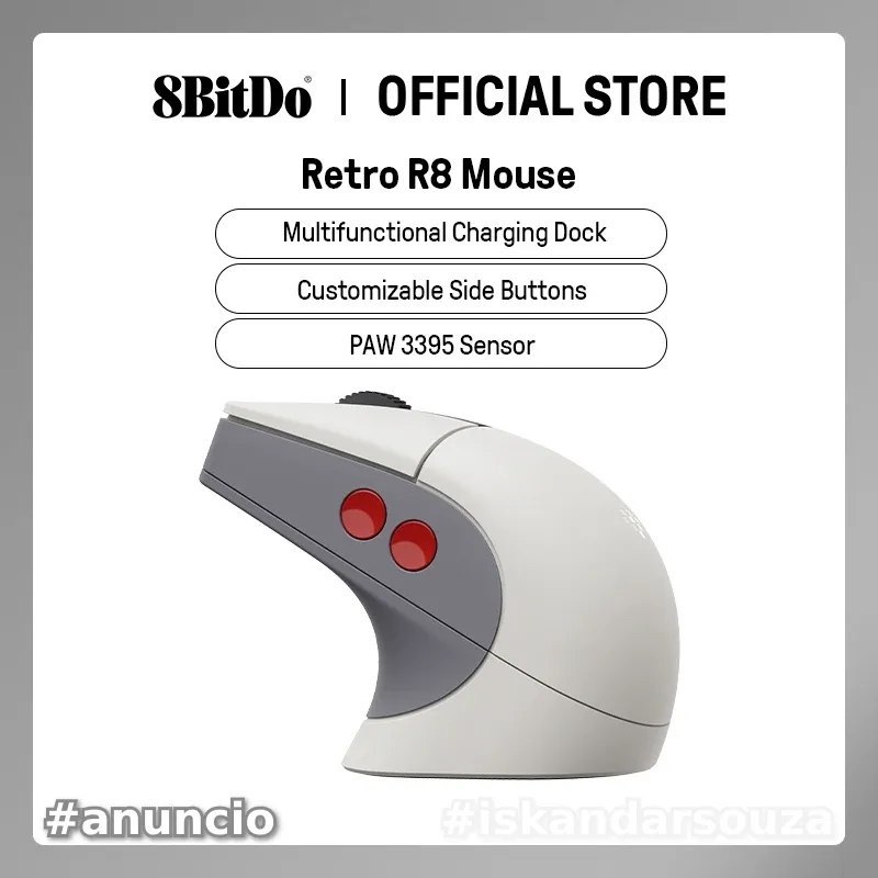 Mouse Retrô R8 8BitDo com sensor óptico PAW 3395 DPI 26K, 4K Sem Fio com base de carregamento - edição N, Dock, paw3395 26000 r 8 bitdo