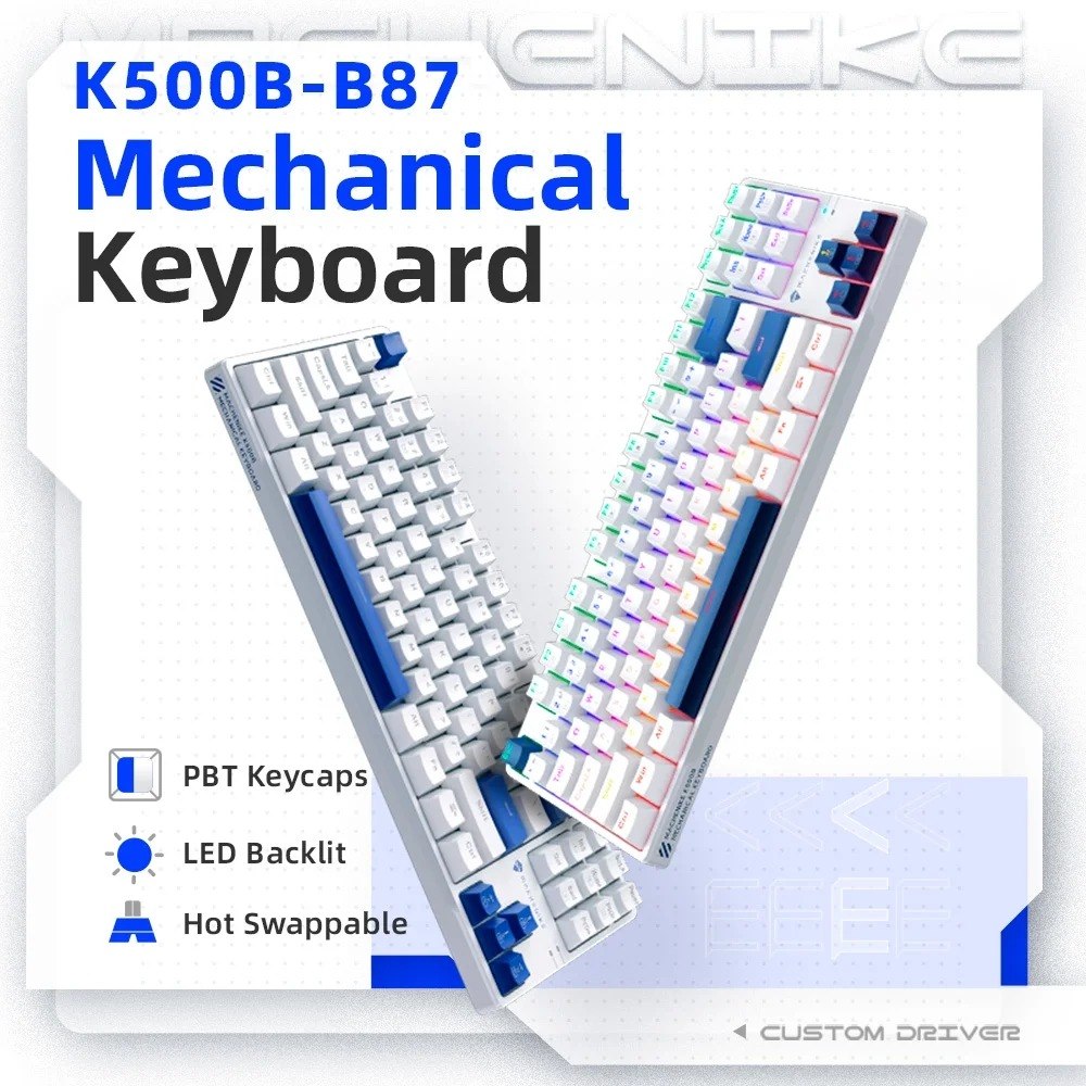 Teclado Mecânico Gamer Machenike K500B-B87 RGB, Switch RED, Layout 80, Usb-C, Abnt2, Branco E Azul - REF JJ02GZ009