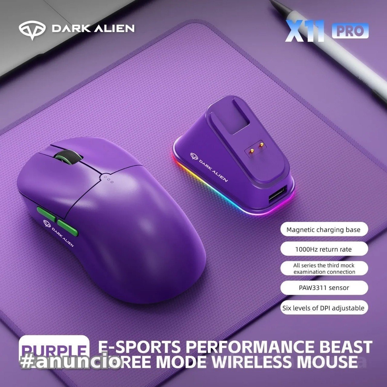 3 cores DARK ALIEN X11 Pro Com Dock de Carregamento, PAW 3311 Mouse Gamer Sem fio tri-mode Bluetooth2.4Gcom fio, PAW3311 RGB x 11 PRO x11PRO