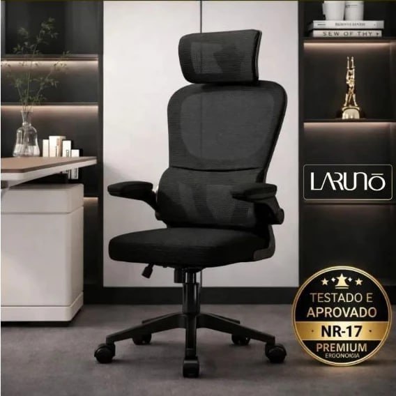 Cadeira Ergonômica Preta Giratória com Apoio Lombar e Braços Ajustáveis