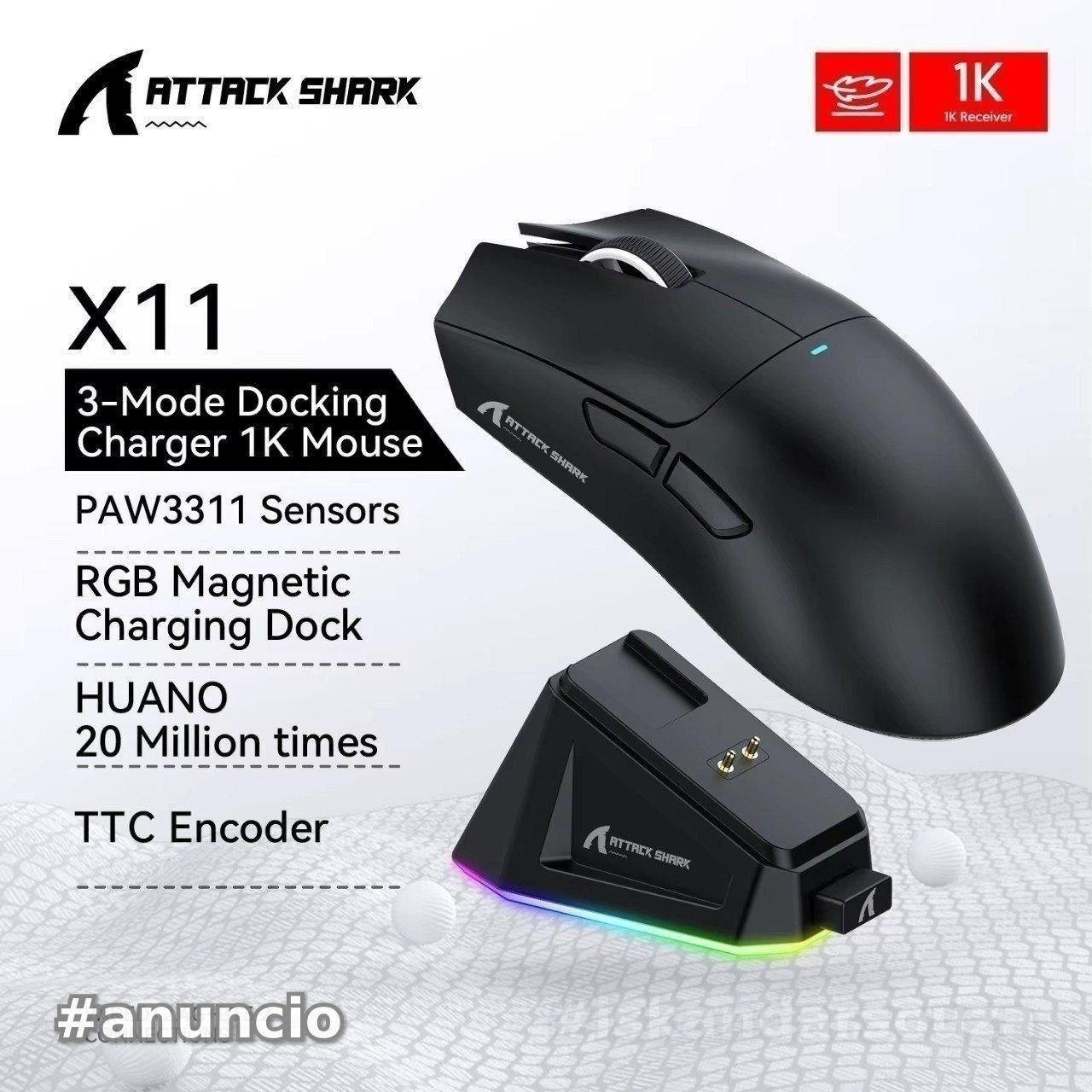 Attack Shark x11 ou x11SE Com Dock Mouse Sem Fio 22000 Dpi Bluetooth Usb PAW3311 3311 se