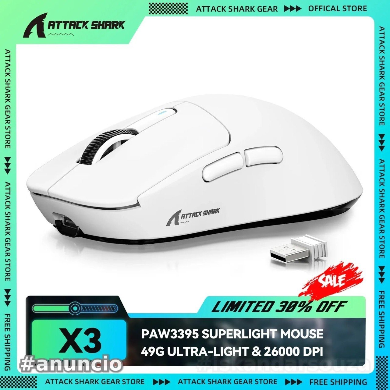Attack Shark x3 Mouse Sem Fio 26000 DPI Bluetooth Usb PAW3395 3395 se x 3 49g x 3 26k