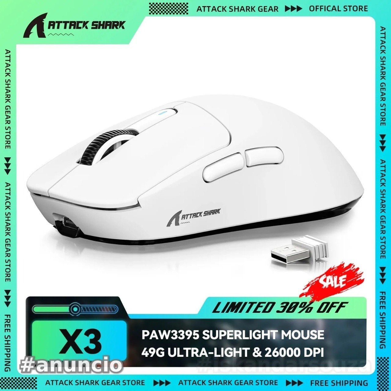 Attack Shark x3 Mouse Sem Fio 26000 DPI Bluetooth Usb PAW3395 3395 se x 3 49g x 3 26k