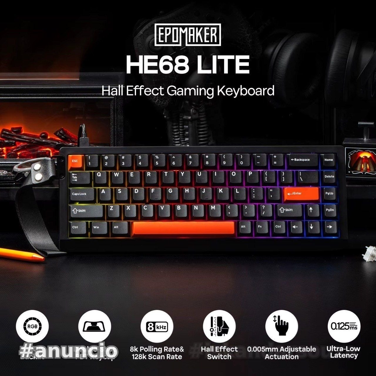 Epomaker HE68 Lite, Teclado Magnético 65, RGB com Fio, HE 68 Lite 68Lite