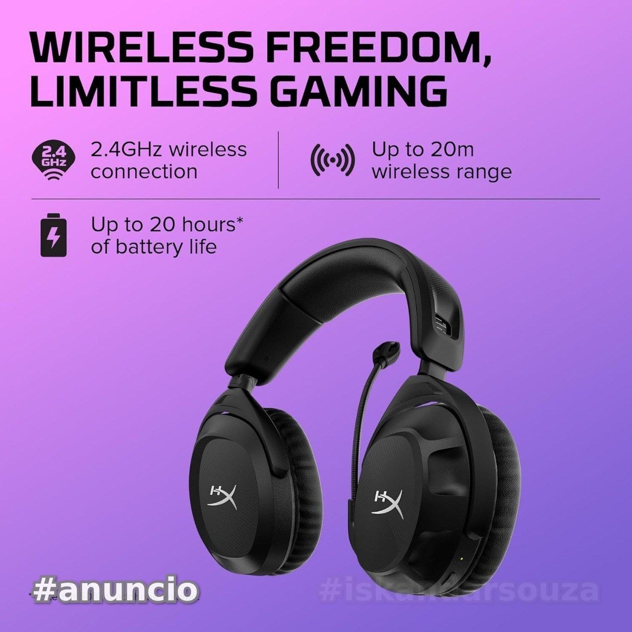 Headset Wireless HyperX Cloud Stinger 2  Áudio Espacial DTS, Conexão 2,4 GHz, Bateria 20H, Conforto HyperX, Microfone Dobrável, Para Jogos e Streaming, Preto 676A2AA
