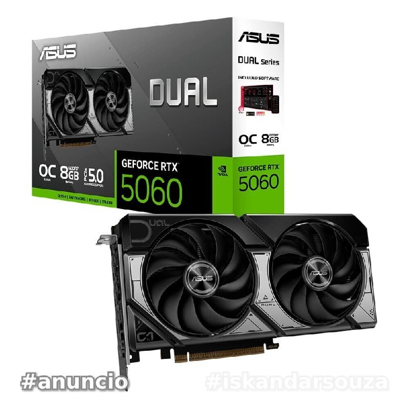 Placa de Vídeo ASUS DUAL RTX 5060 O8G NVIDIA GeForce, 8GB GDDR7, 2565MHz, 128 bits, OpenGL 4.6, DLSS 4, Ray Tracing - DUAL-RTX5060-O8G