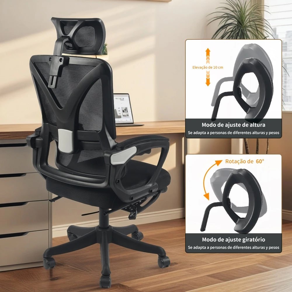 Cadeira de Escritório Ergonômica com Apoio de Pés Retrátil, Tela Mesh, Função Reclining, Até 150kg