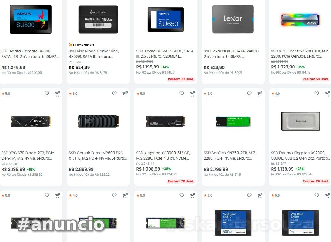 CUPOM 10 OFF - SSDS, SSD EXTERNO E NVME para PC e Notebook selecionados na lista abaixo