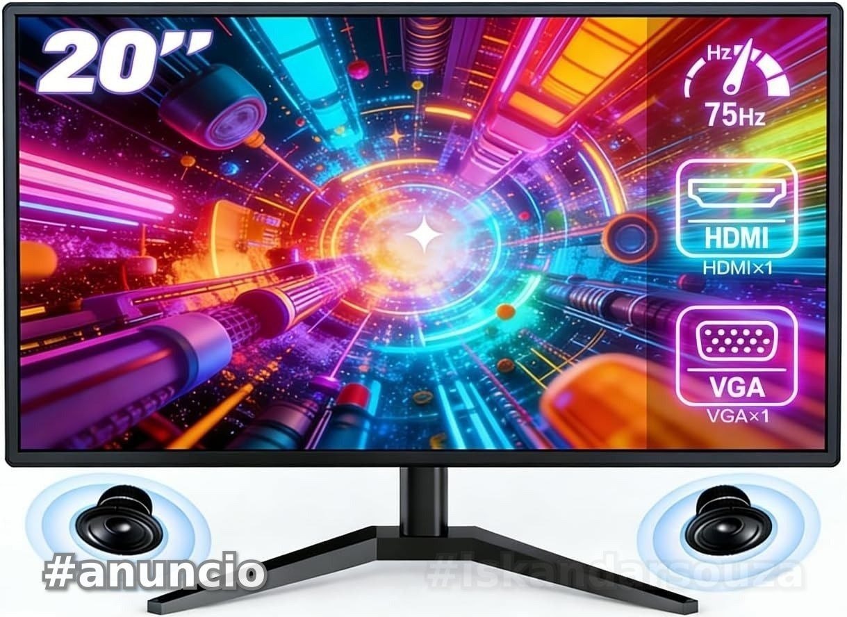 Monitor Gamer LCD 20 Polegadas pc,1600x900 HD,Alto-falantes Integrados,100Hz,Tempo de Resposta 1ms,250cdm²,72 NTSC,10001,HDMIVGAAUIDODC,Bivolt