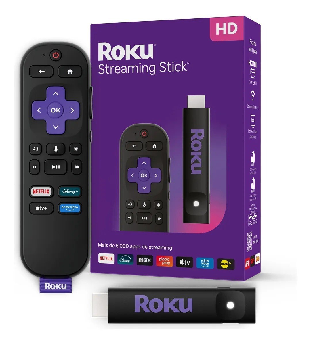 Roku Streaming Stick 2025 Para Tv Hdfhd Controle Por Voz Preto De Voz