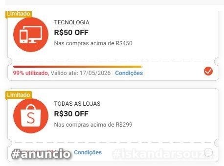 Resgatou o cupom de R 50 OFF da Shopee ontem? Voltou aqui, jaja acaba