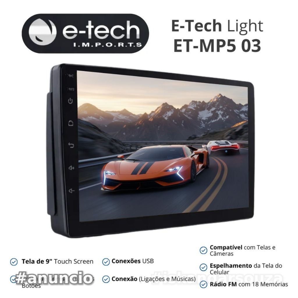 Central Multimidia 9 Pol Espelhamento Android Ios E-Tech Light 2 Din Fundo 1 Din Bluetooth Usb Fm