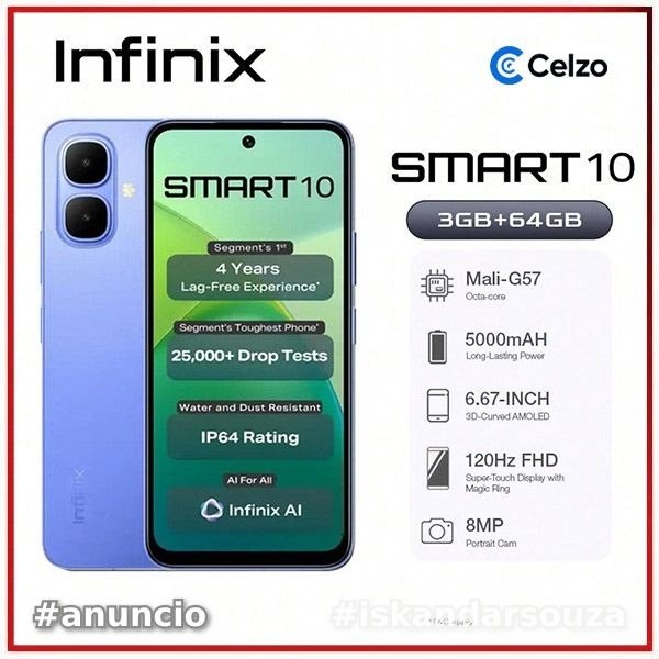 Smartphone Infinix Smart 10 4G Tela 6.67 3GB64GB, Azul Íris