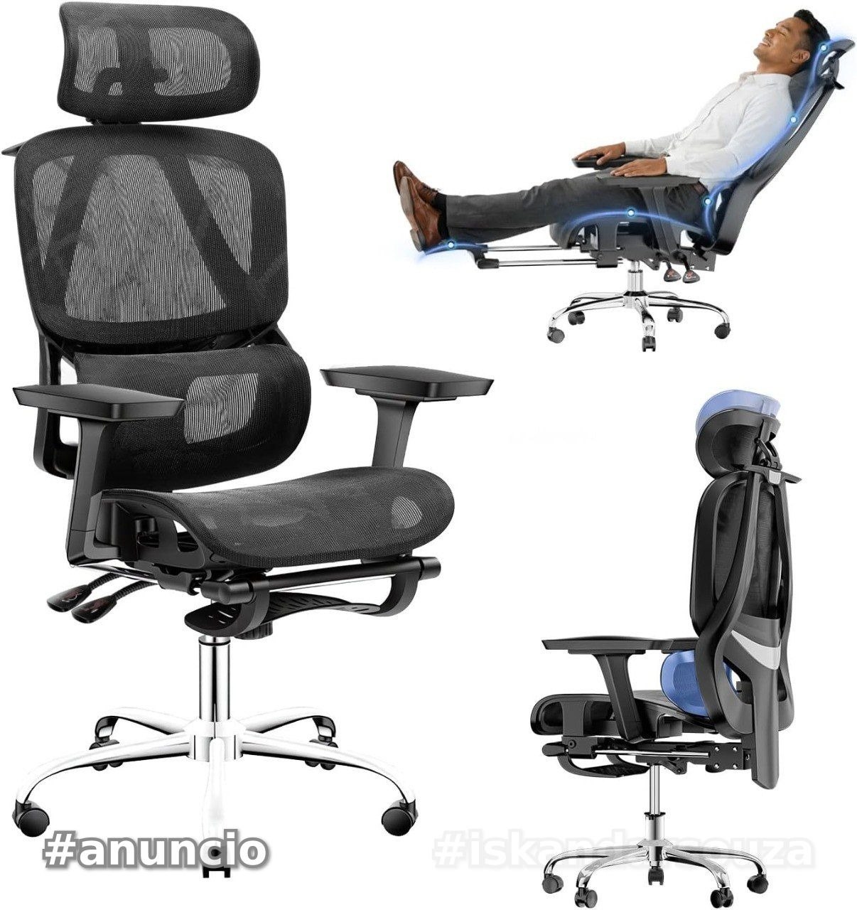 Cadeira de Escritório Ergonômica com Apoio para os Pés, Encosto Reclinável 145, Apoios de Braço 3D Ajustáveis, Apoio de Cabeça e Lombar Ajustáveis, Mesh Transpirável, Cadeira para Home Office